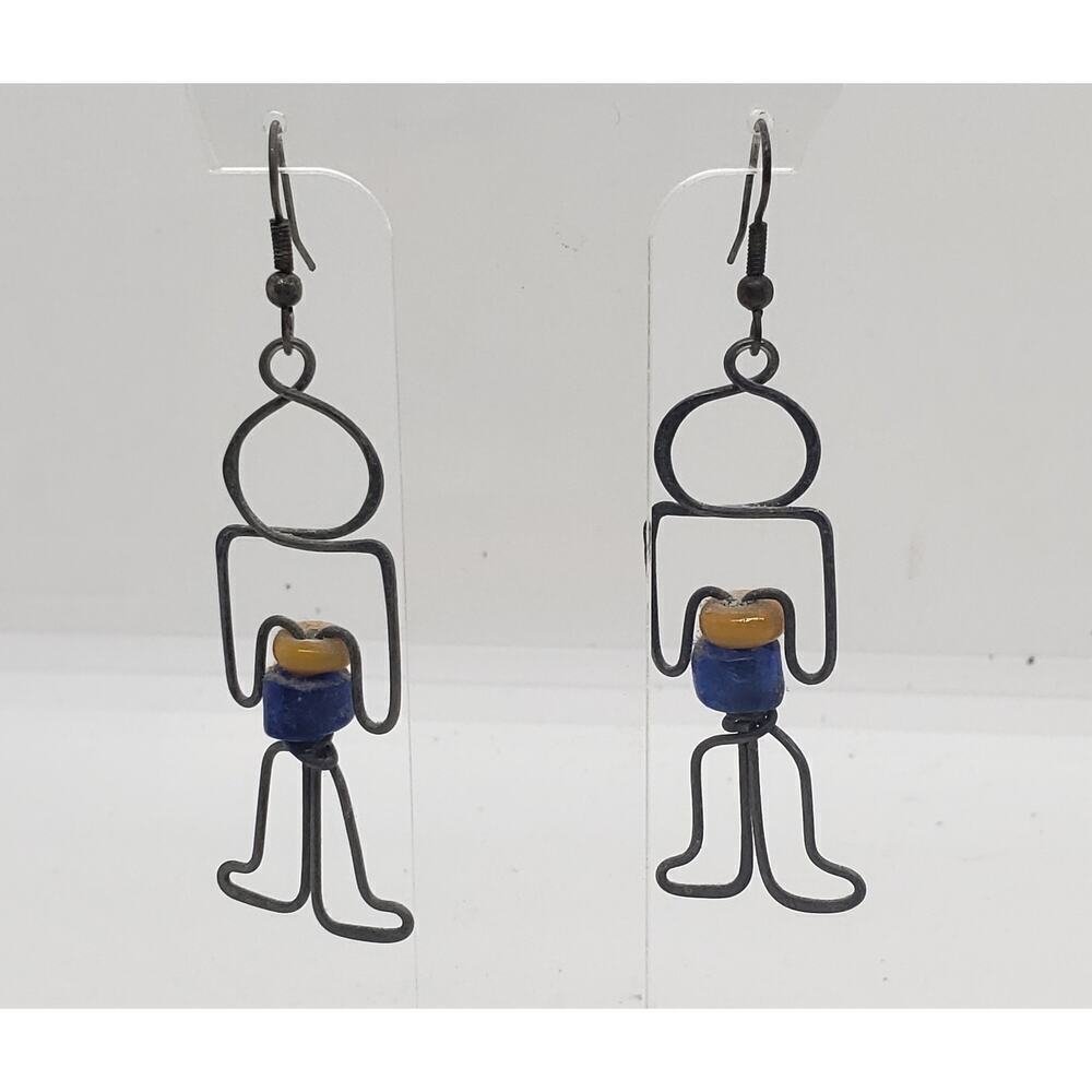 Vintage Earrings Wire Figural Man Person Handmade 1970s Person Boho Glass Beads - Picture 8 of 8